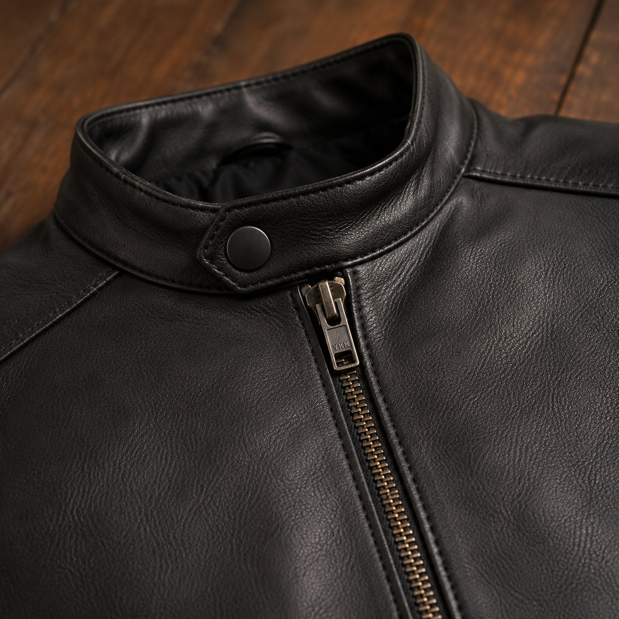 FINEHIDE MEN’S BLACK GENUINE  LEATHER BIKER JACKET WITH SNAP COLLAR FOR MEN