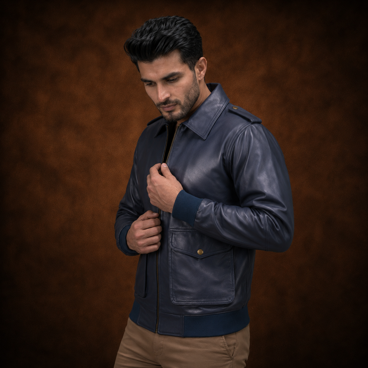 FINEHIDE NAVY BLUE BOMBER GENUINE LEATHER JACKET FOR MEN