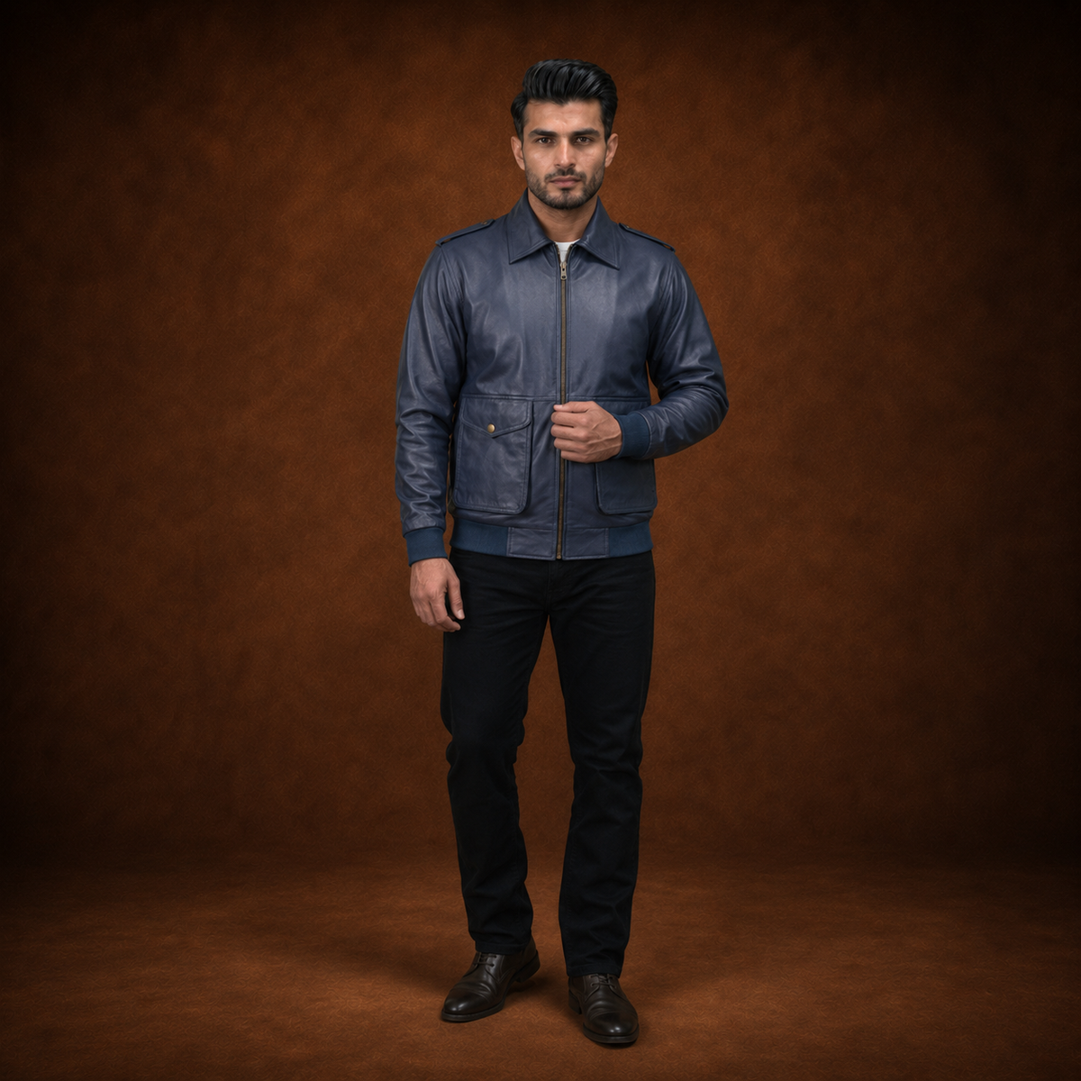 FINEHIDE NAVY BLUE BOMBER GENUINE LEATHER JACKET FOR MEN