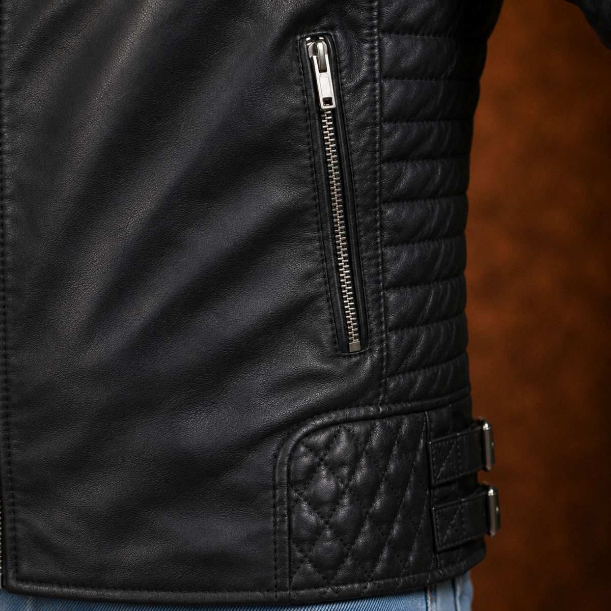 FINEHIDE MEN’S BLACK  BIKER GENUINE LEATHER JACKET FOR MEN