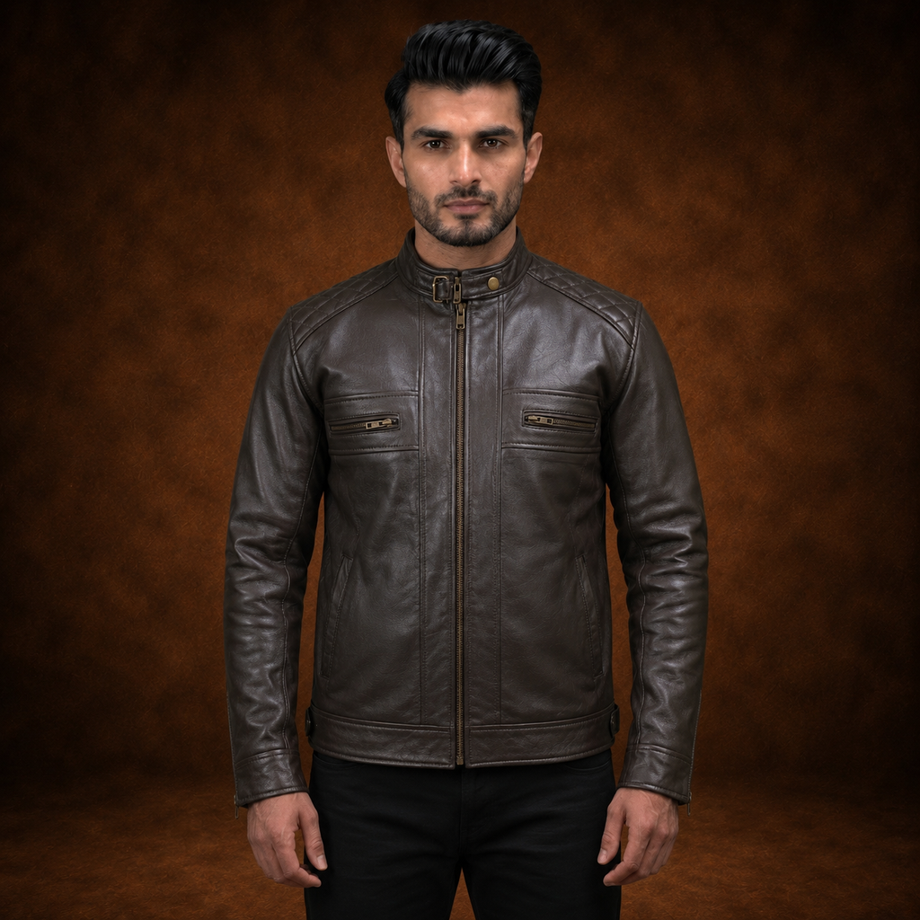 FINEHIDE MEN’S DARK HERITAGE BROWN GENUINE LEATHER BIKER JACKET  FOR MEN