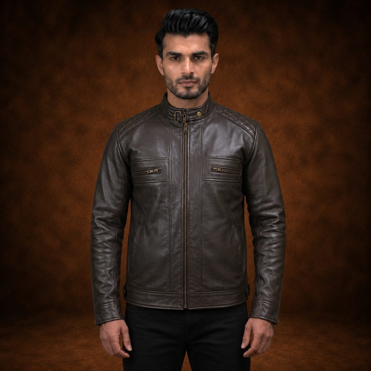 FINEHIDE MEN’S DARK HERITAGE BROWN GENUINE LEATHER BIKER JACKET  FOR MEN