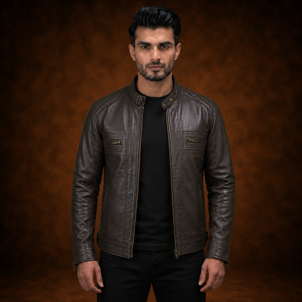 FINEHIDE MEN’S DARK HERITAGE BROWN GENUINE LEATHER BIKER JACKET  FOR MEN