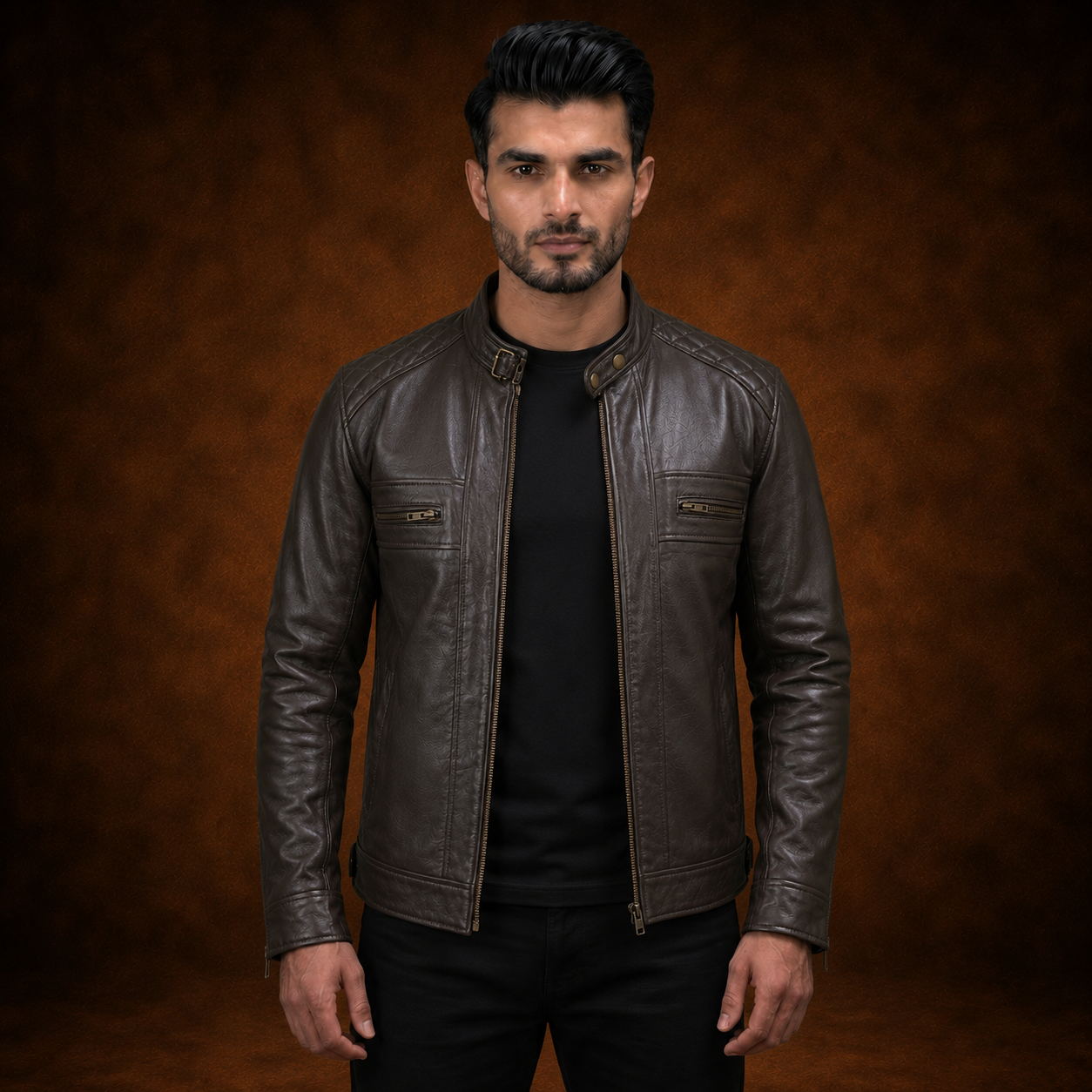 FINEHIDE MEN’S DARK HERITAGE BROWN GENUINE LEATHER BIKER JACKET  FOR MEN
