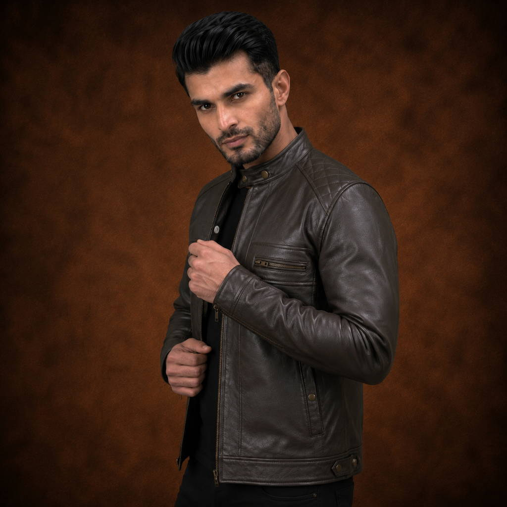 FINEHIDE MEN’S DARK HERITAGE BROWN GENUINE LEATHER BIKER JACKET  FOR MEN