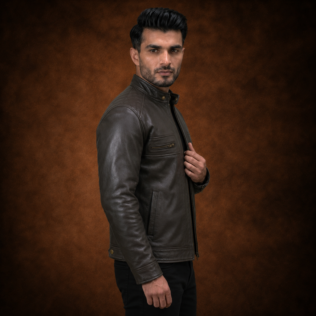FINEHIDE MEN’S DARK HERITAGE BROWN GENUINE LEATHER BIKER JACKET  FOR MEN