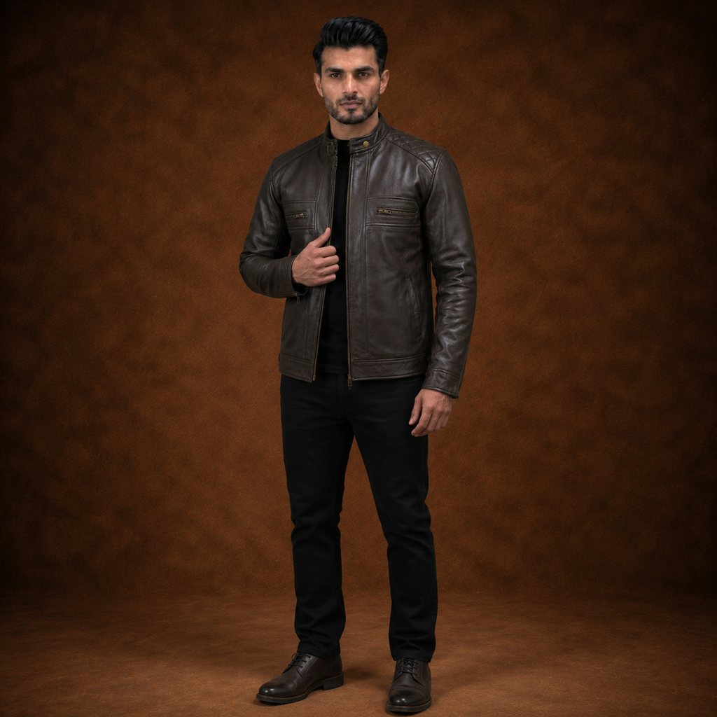 FINEHIDE MEN’S DARK HERITAGE BROWN GENUINE LEATHER BIKER JACKET  FOR MEN