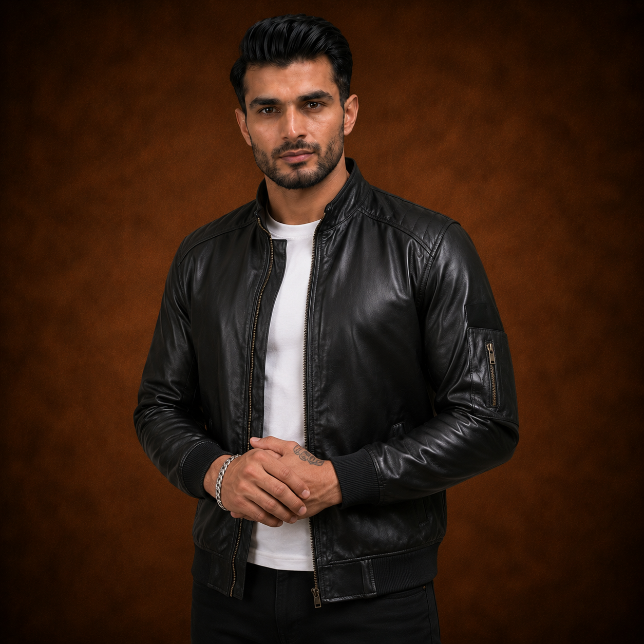FINEHIDE MEN’S BLACK LEATHER BOMBER JACKET WITH BAND COLLAR FOR  MEN