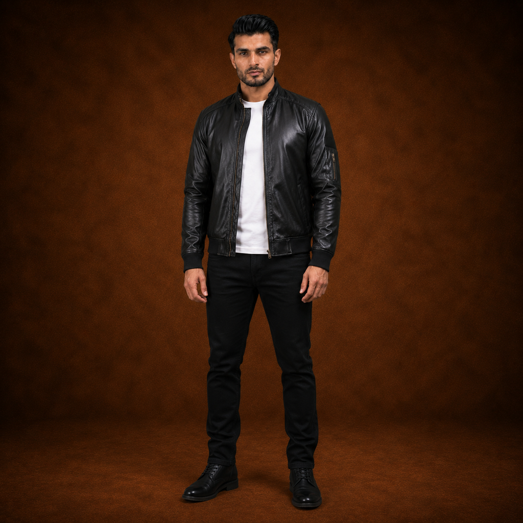 FINEHIDE MEN’S BLACK LEATHER BOMBER JACKET WITH BAND COLLAR FOR  MEN