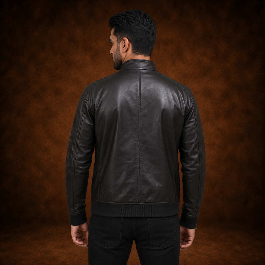 FINEHIDE MEN’S BLACK LEATHER BOMBER JACKET WITH BAND COLLAR FOR  MEN