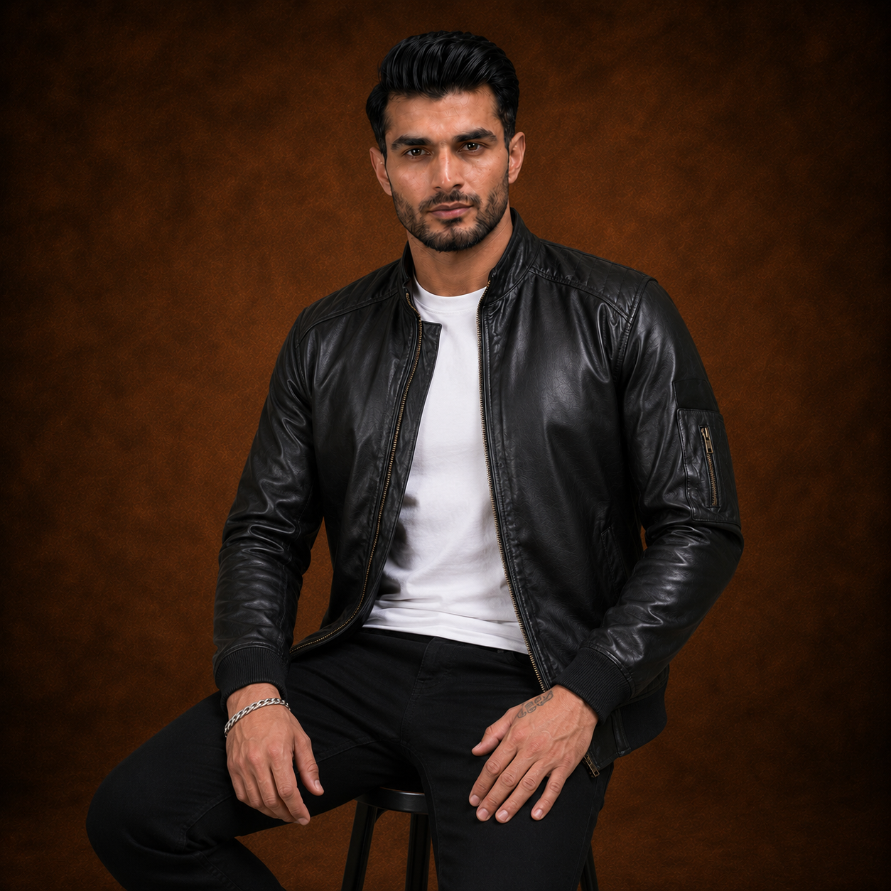 FINEHIDE MEN’S BLACK LEATHER BOMBER JACKET WITH BAND COLLAR FOR  MEN