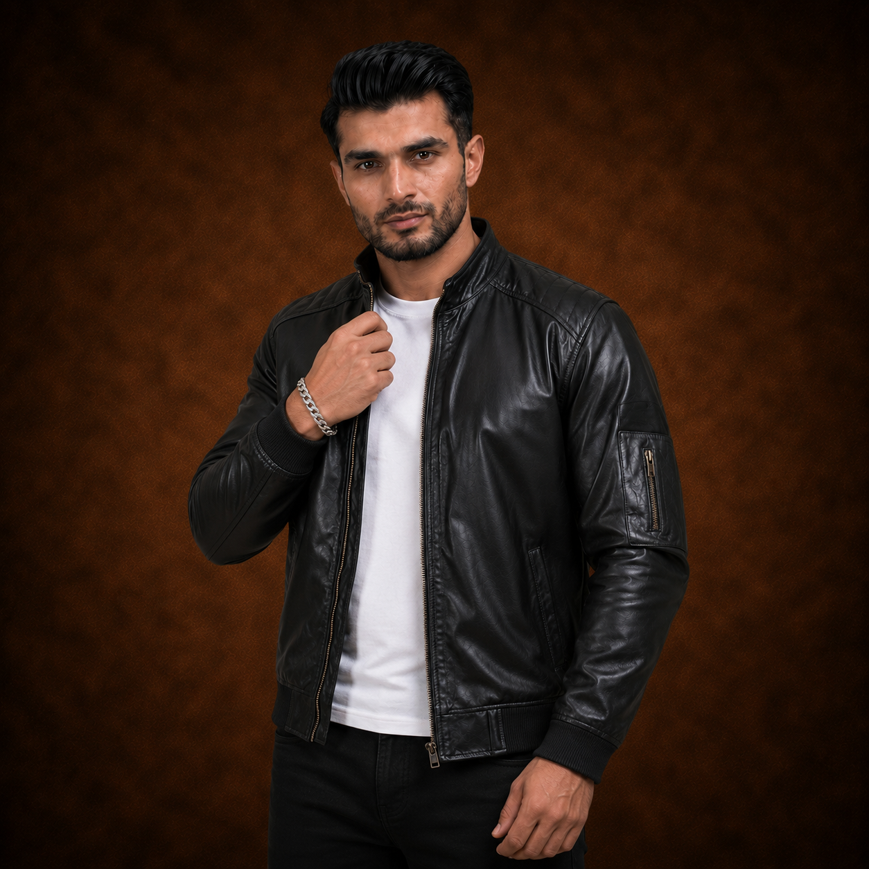 FINEHIDE MEN’S BLACK LEATHER BOMBER JACKET WITH BAND COLLAR FOR  MEN