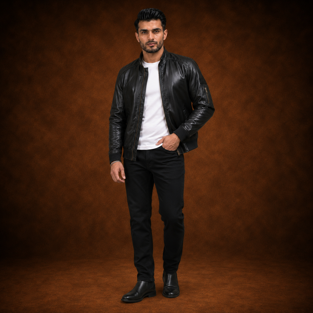 FINEHIDE MEN’S BLACK LEATHER BOMBER JACKET WITH BAND COLLAR FOR  MEN