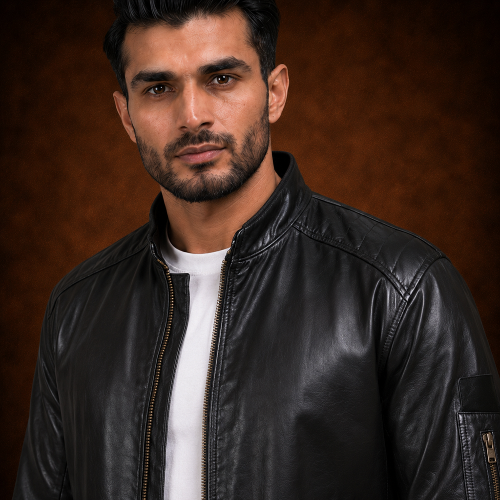 FINEHIDE MEN’S BLACK LEATHER BOMBER JACKET WITH BAND COLLAR FOR  MEN