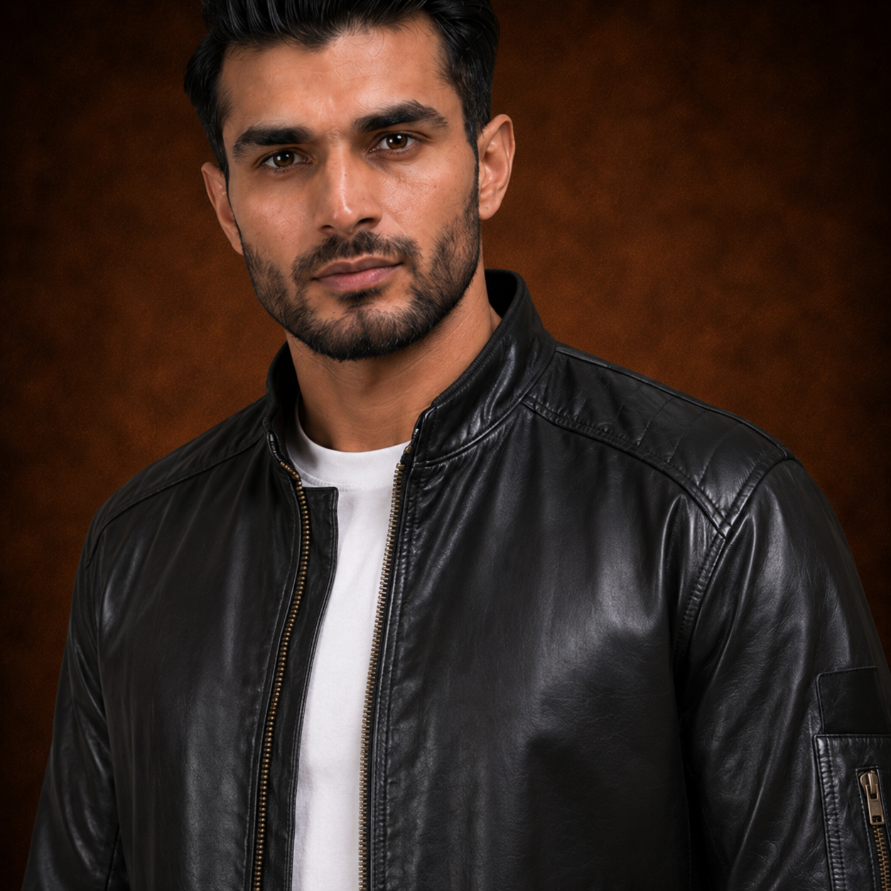 FINEHIDE MEN’S BLACK LEATHER BOMBER JACKET WITH BAND COLLAR FOR  MEN