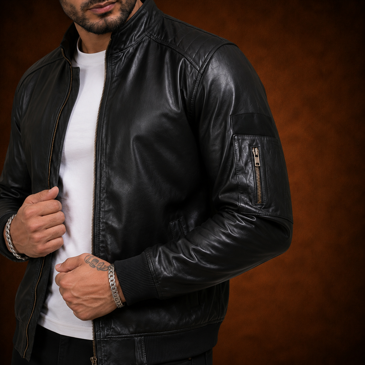 FINEHIDE MEN’S BLACK LEATHER BOMBER JACKET WITH BAND COLLAR FOR  MEN