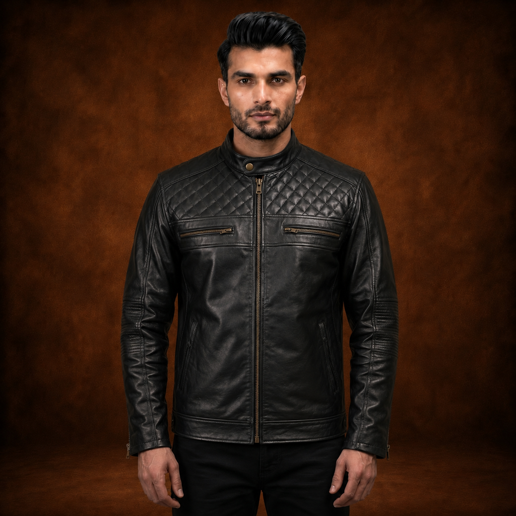 FINEHIDE MEN’S BLACK GENUINE LEATHER CAFE RACER JACKET WITH QUILTED SHOULDERS