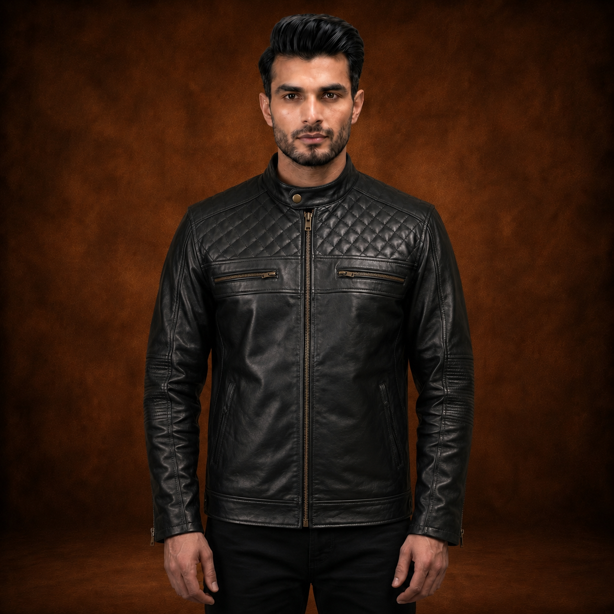 FINEHIDE MEN’S BLACK GENUINE LEATHER CAFE RACER JACKET WITH QUILTED SHOULDERS
