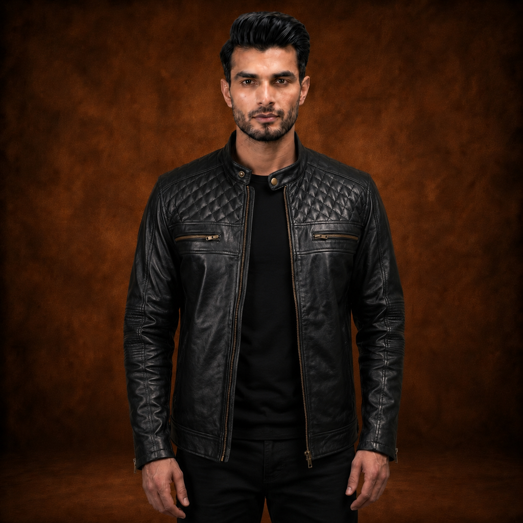 FINEHIDE MEN’S BLACK GENUINE LEATHER CAFE RACER JACKET WITH QUILTED SHOULDERS