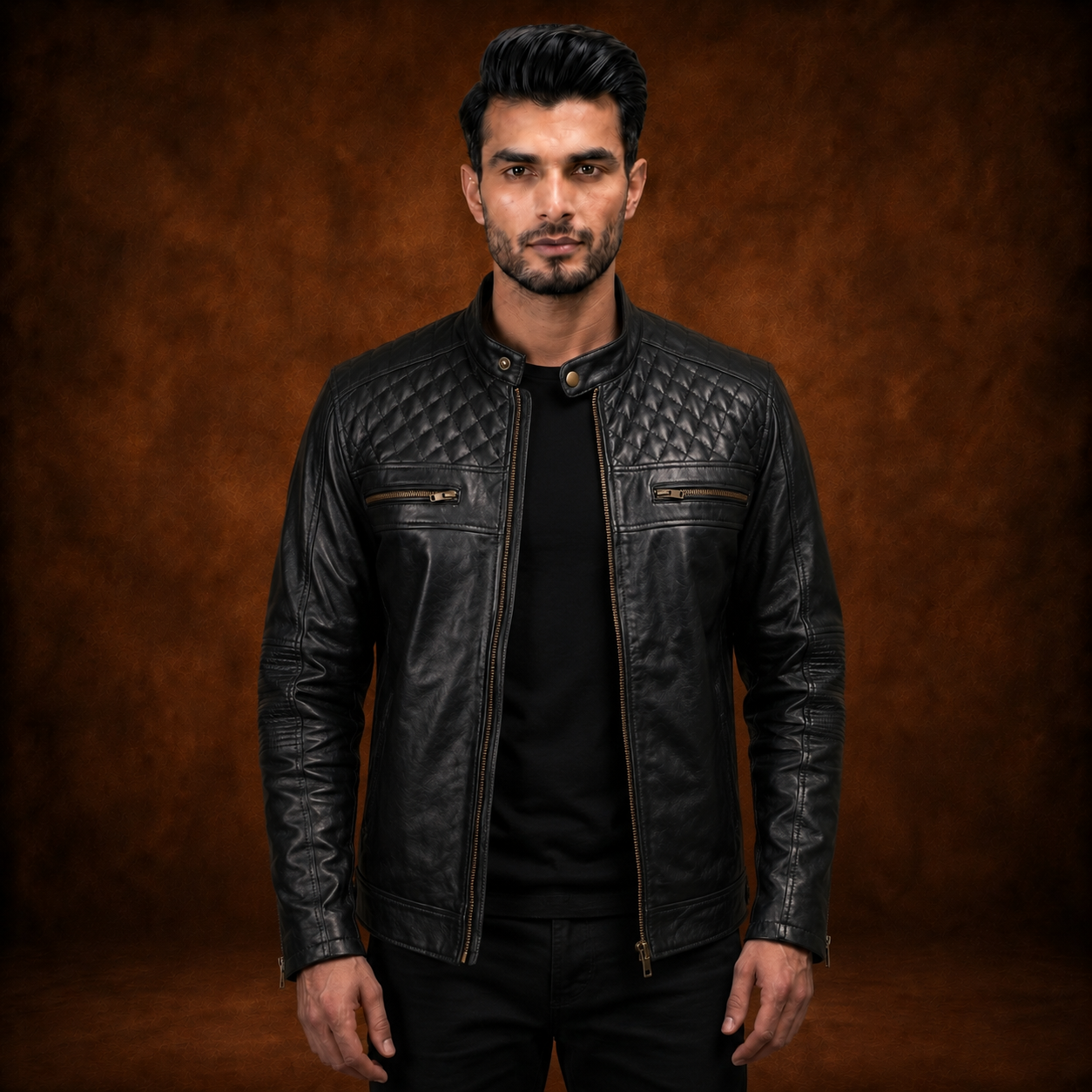 FINEHIDE MEN’S BLACK GENUINE LEATHER CAFE RACER JACKET WITH QUILTED SHOULDERS