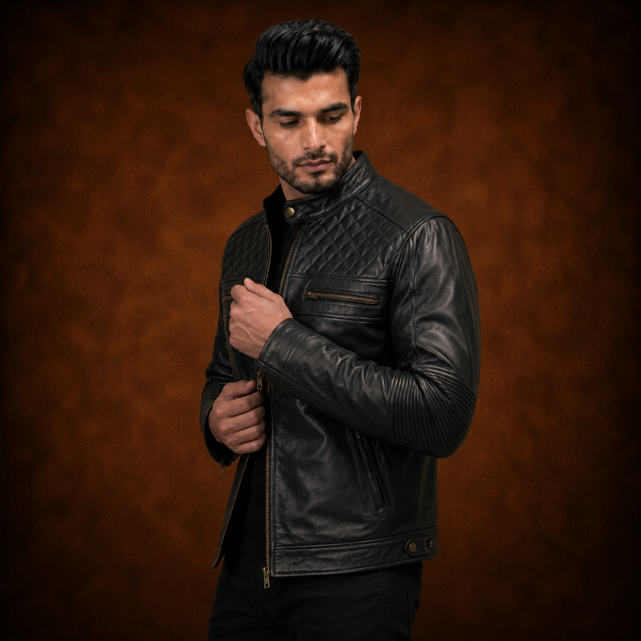FINEHIDE MEN’S BLACK GENUINE LEATHER CAFE RACER JACKET WITH QUILTED SHOULDERS