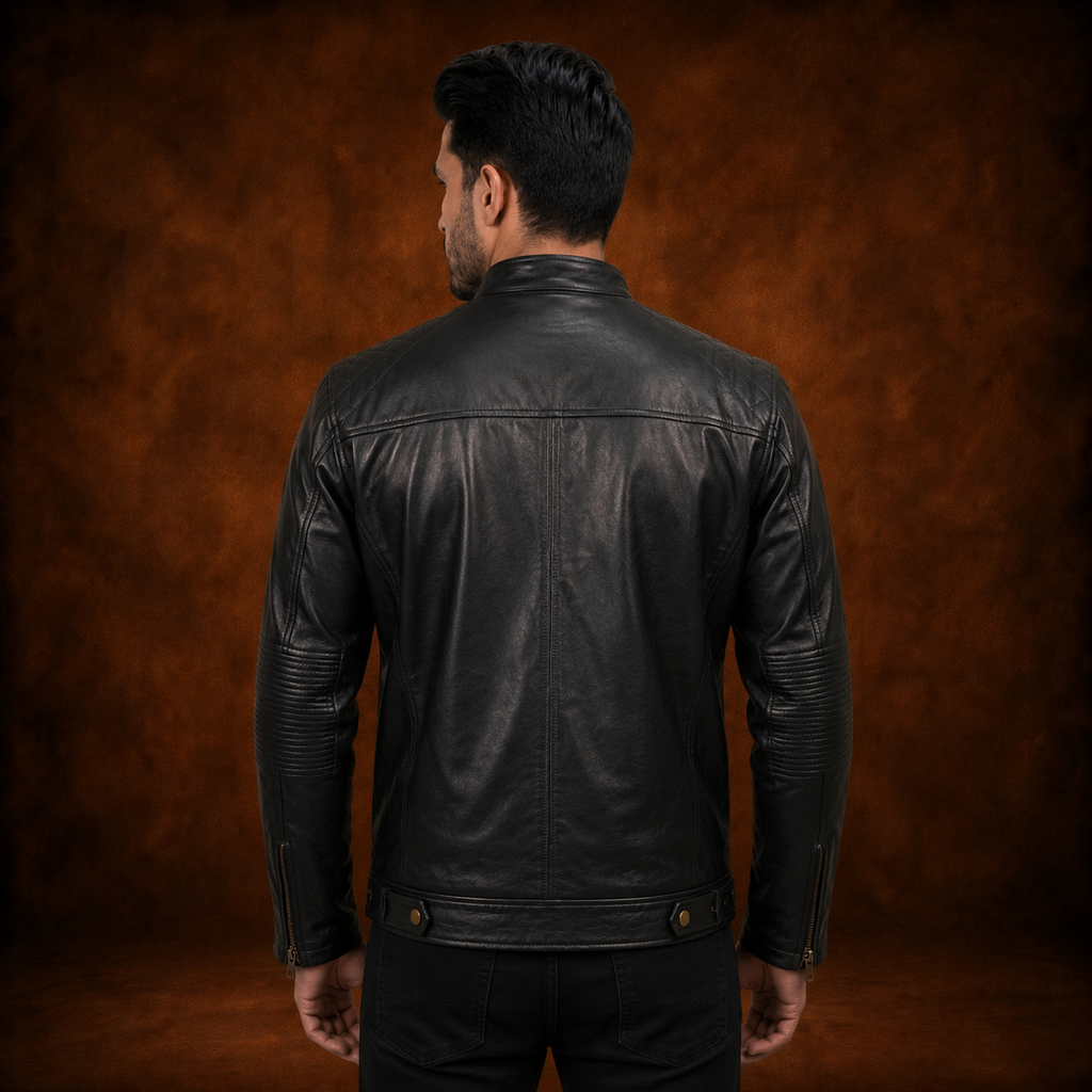 FINEHIDE MEN’S BLACK GENUINE LEATHER CAFE RACER JACKET WITH QUILTED SHOULDERS