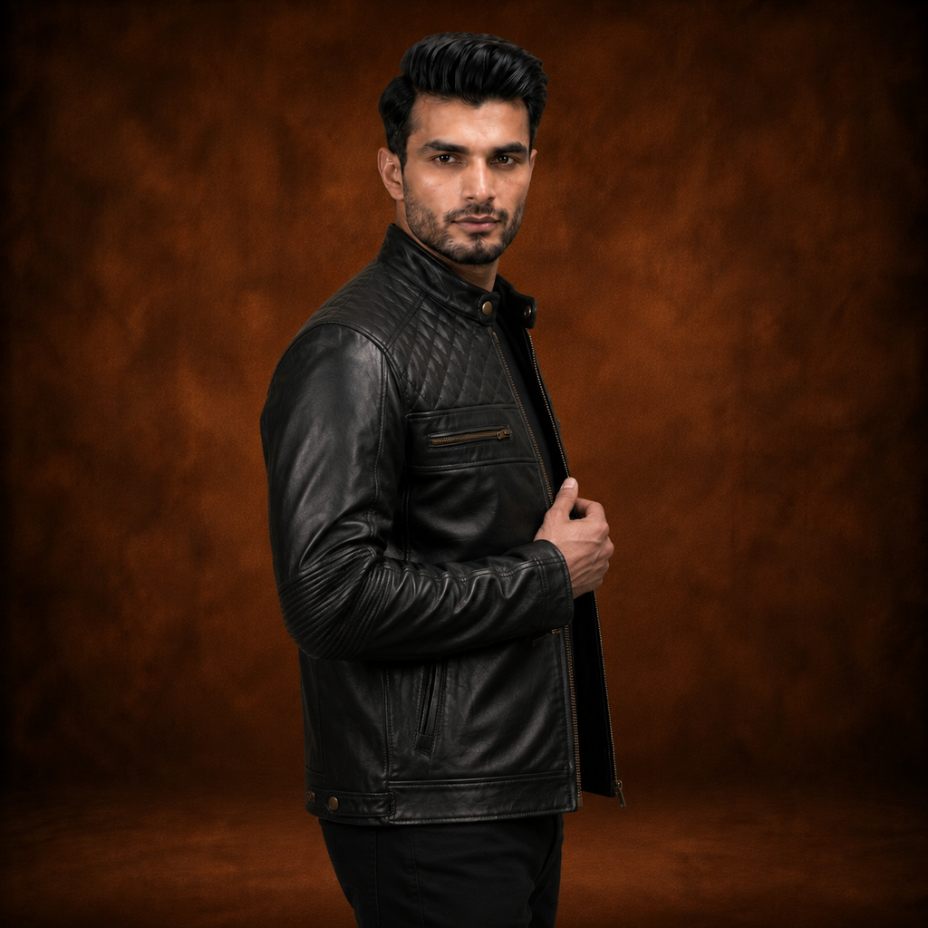 FINEHIDE MEN’S BLACK GENUINE LEATHER CAFE RACER JACKET WITH QUILTED SHOULDERS