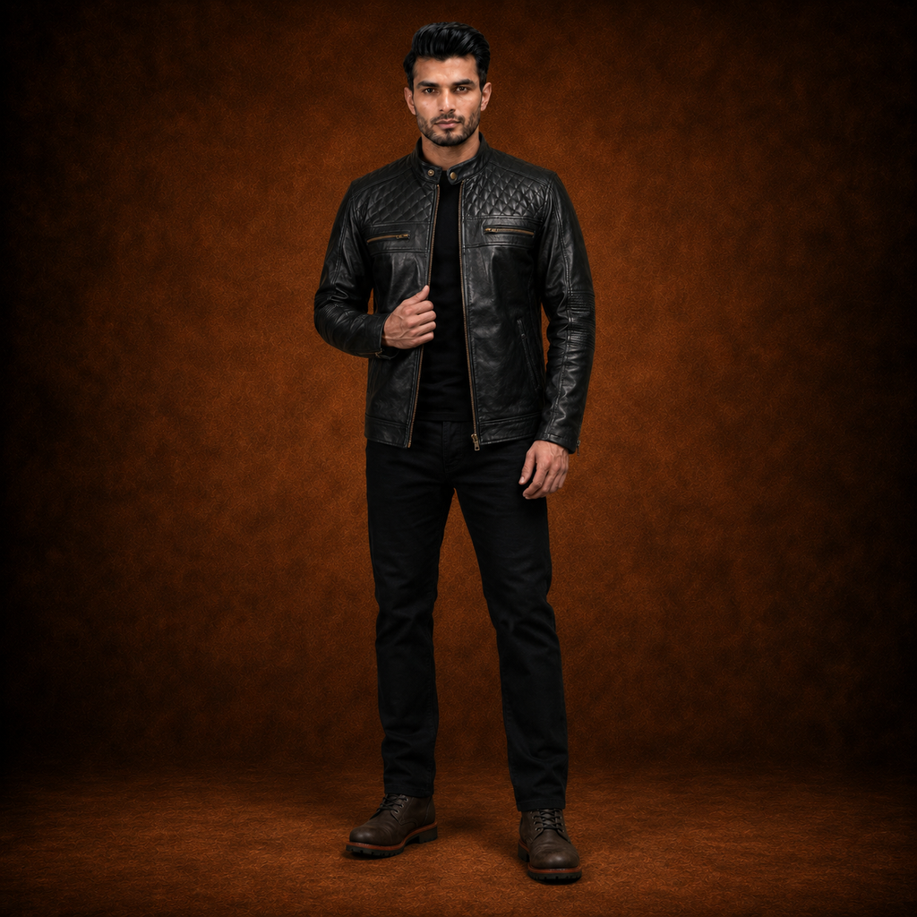 FINEHIDE MEN’S BLACK GENUINE LEATHER CAFE RACER JACKET WITH QUILTED SHOULDERS