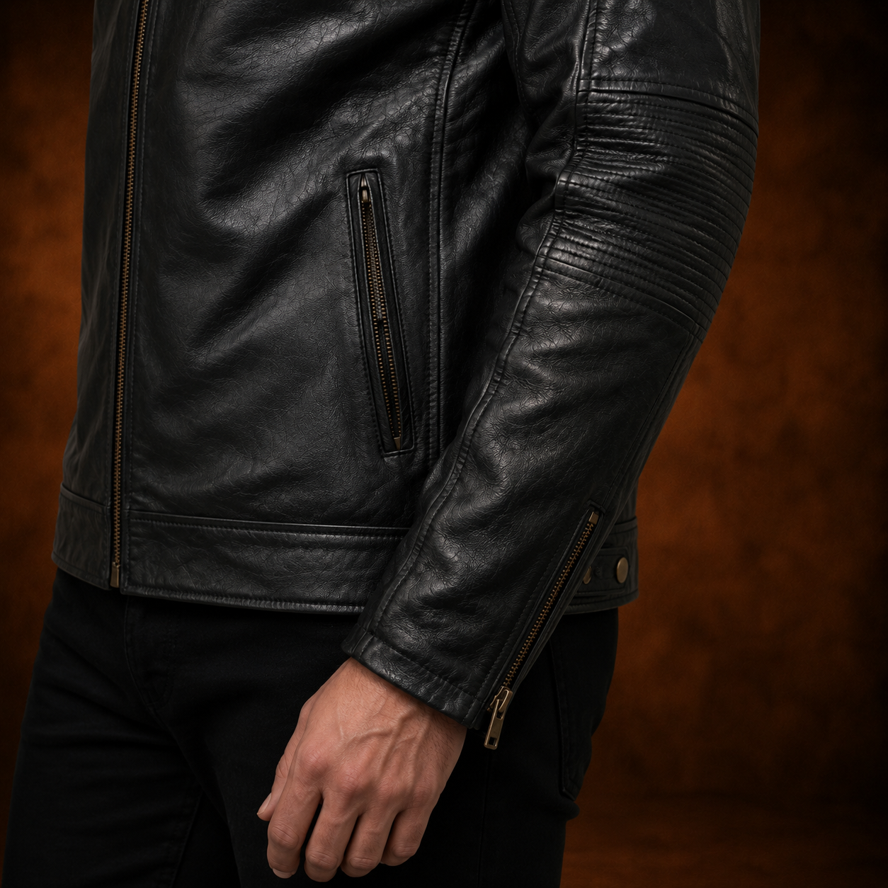 FINEHIDE MEN’S BLACK GENUINE LEATHER CAFE RACER JACKET WITH QUILTED SHOULDERS