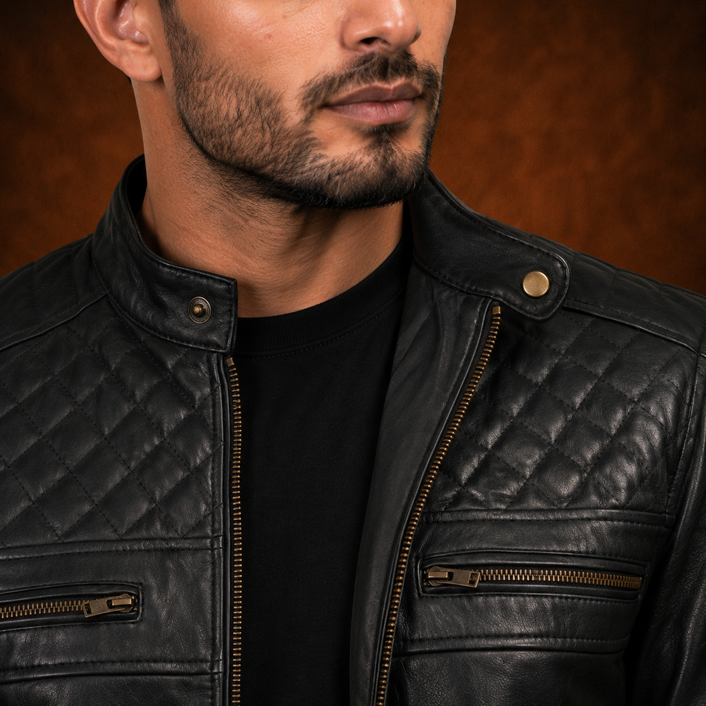 FINEHIDE MEN’S BLACK GENUINE LEATHER CAFE RACER JACKET WITH QUILTED SHOULDERS