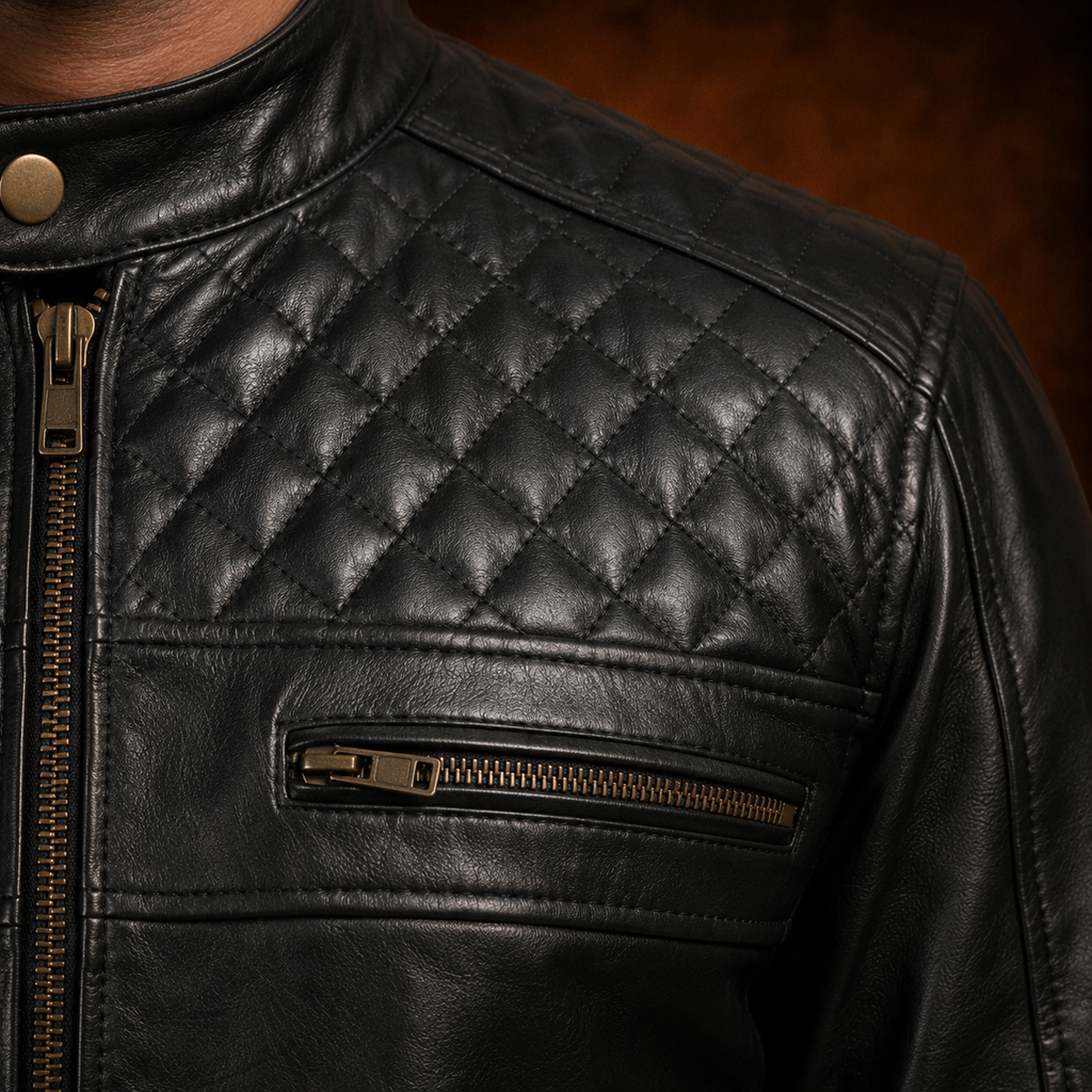 FINEHIDE MEN’S BLACK GENUINE LEATHER CAFE RACER JACKET WITH QUILTED SHOULDERS