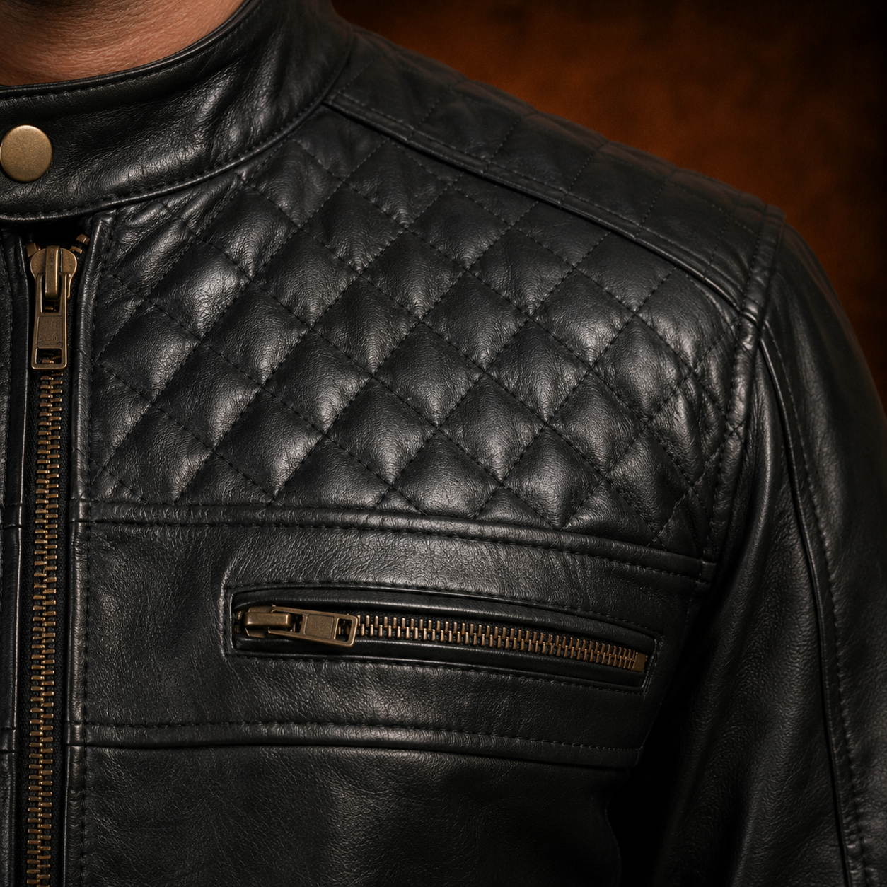 FINEHIDE MEN’S BLACK GENUINE LEATHER CAFE RACER JACKET WITH QUILTED SHOULDERS