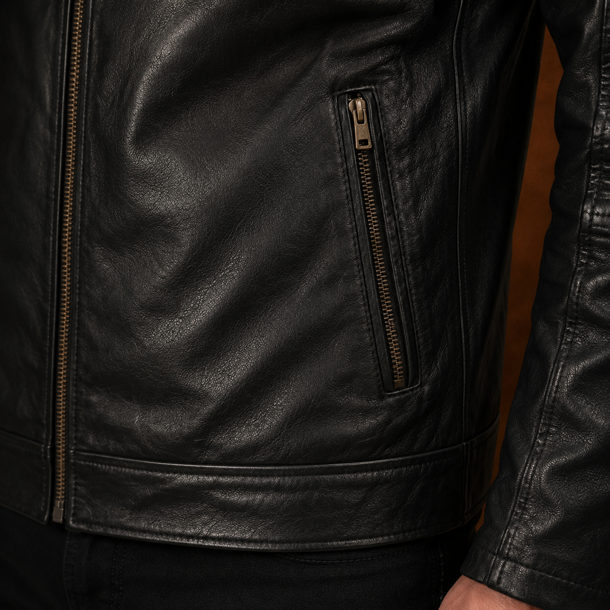 FINEHIDE MEN’S BLACK GENUINE LEATHER CAFE RACER JACKET WITH QUILTED SHOULDERS