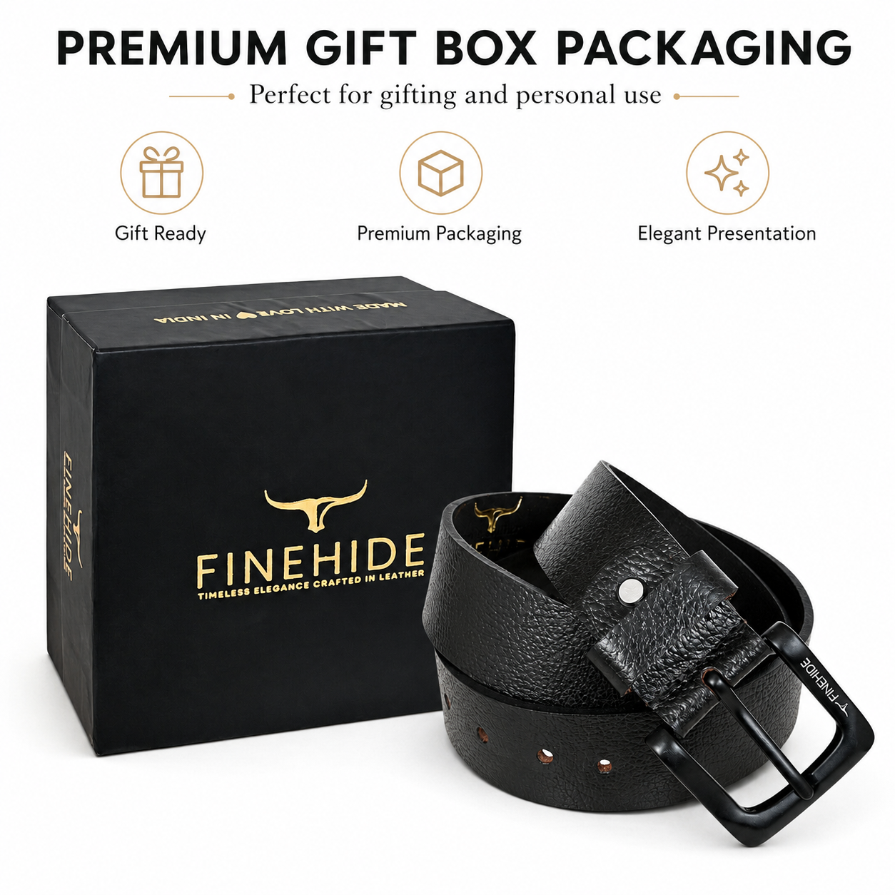 FINEHIDE Genuine Leather Belt for Men Premium Black Leather Casual & Formal Belt with Matte Metal Buckle