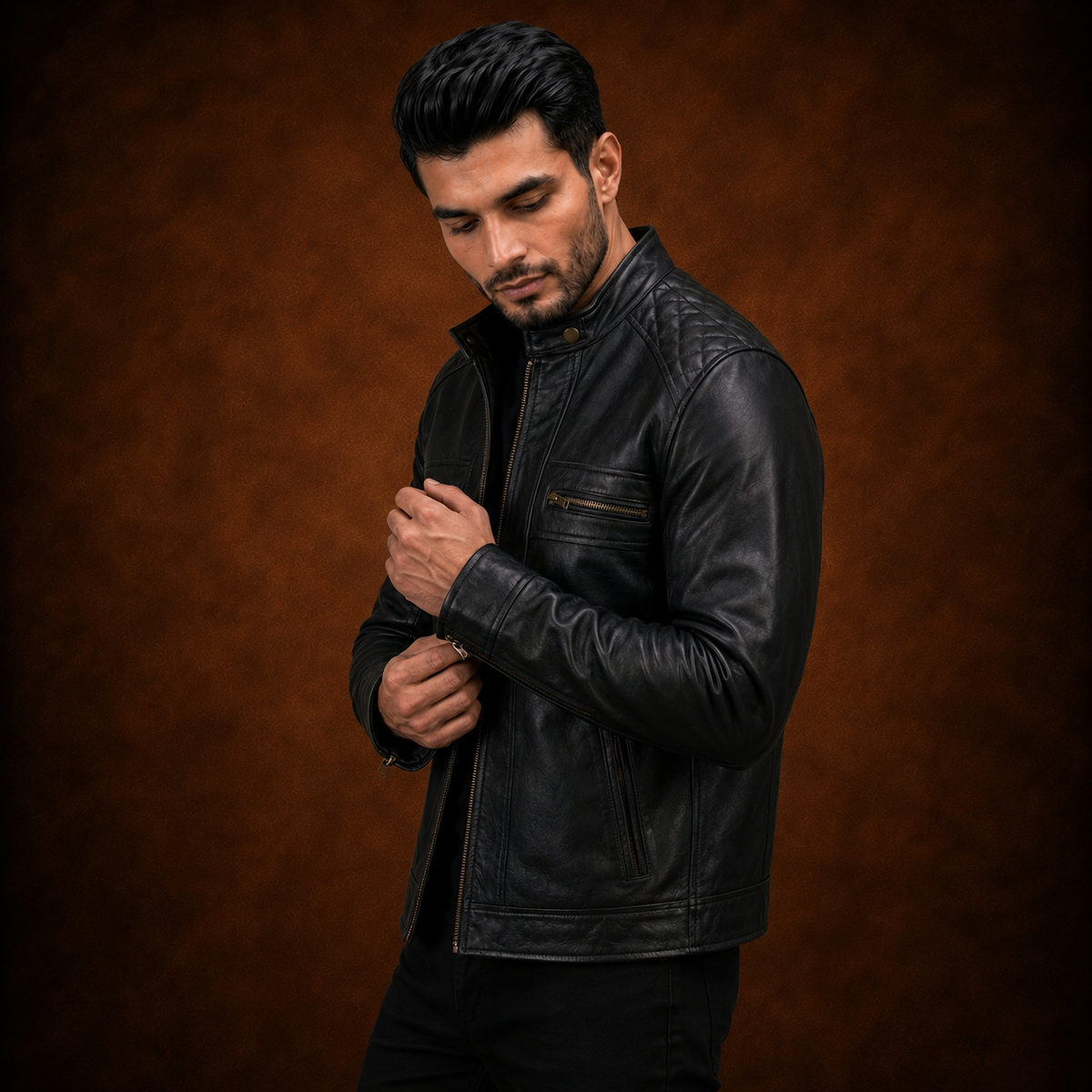 FINEHIDE MEN’S BLACK GENUINE LEATHER BIKER JACKET WITH ZIPPER POCKETS
