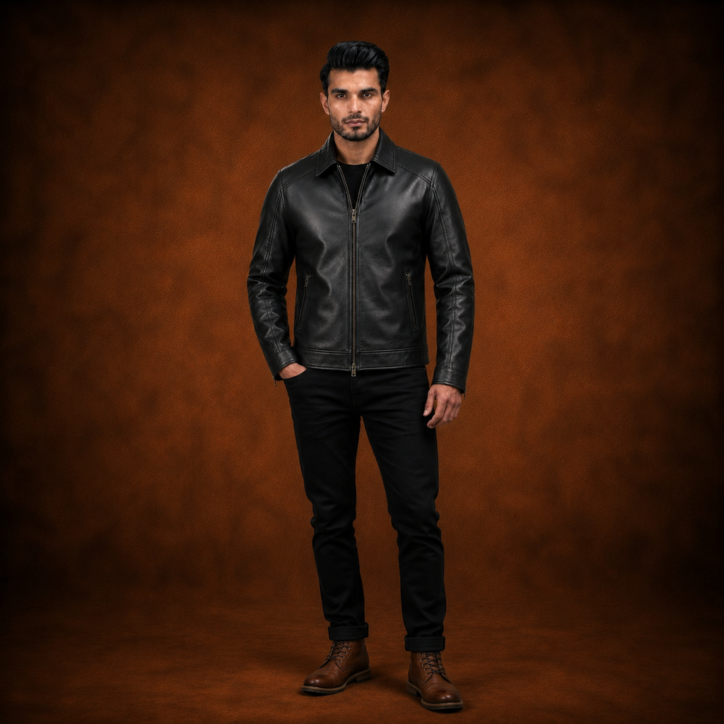 Close-up detail of the genuine leather jacket finish