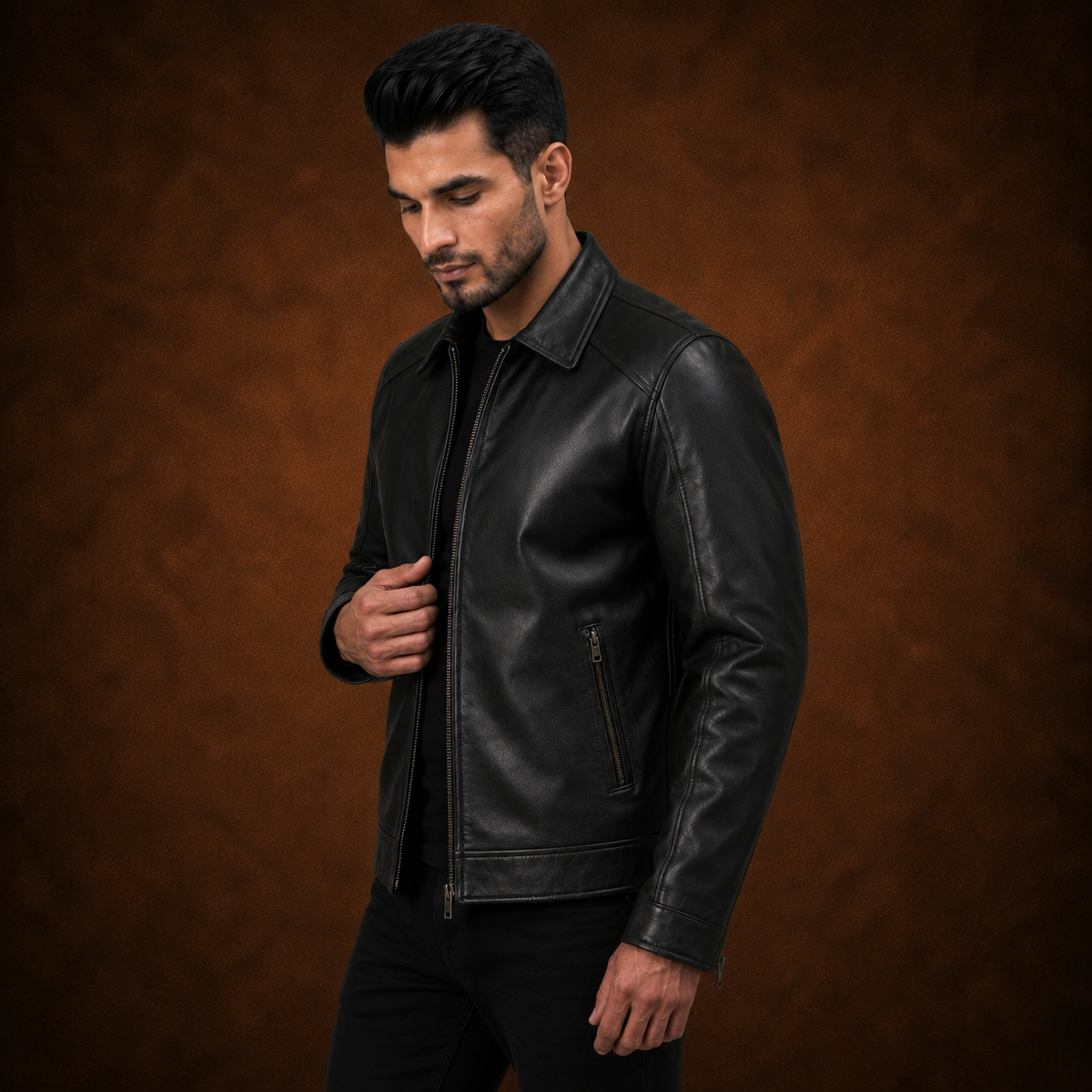 Front product view of the FINEHIDE genuine leather jacket