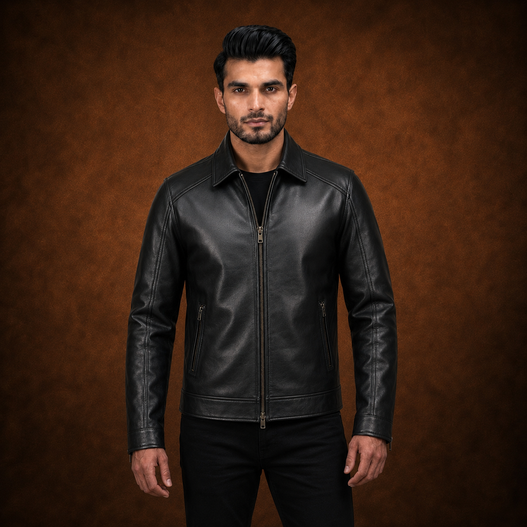 Side view of the FINEHIDE men's zip-up leather jacket