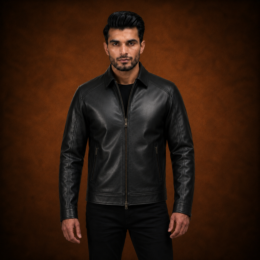 Close-up of the zippered hand pocket on the FINEHIDE leather jacket