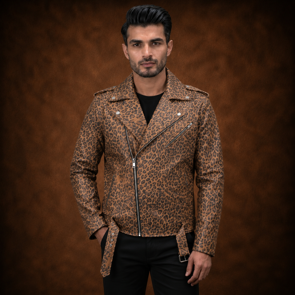 FINEHIDE  LEOPARD  BIKER GENUINE LEATHER JACKET FOR MEN