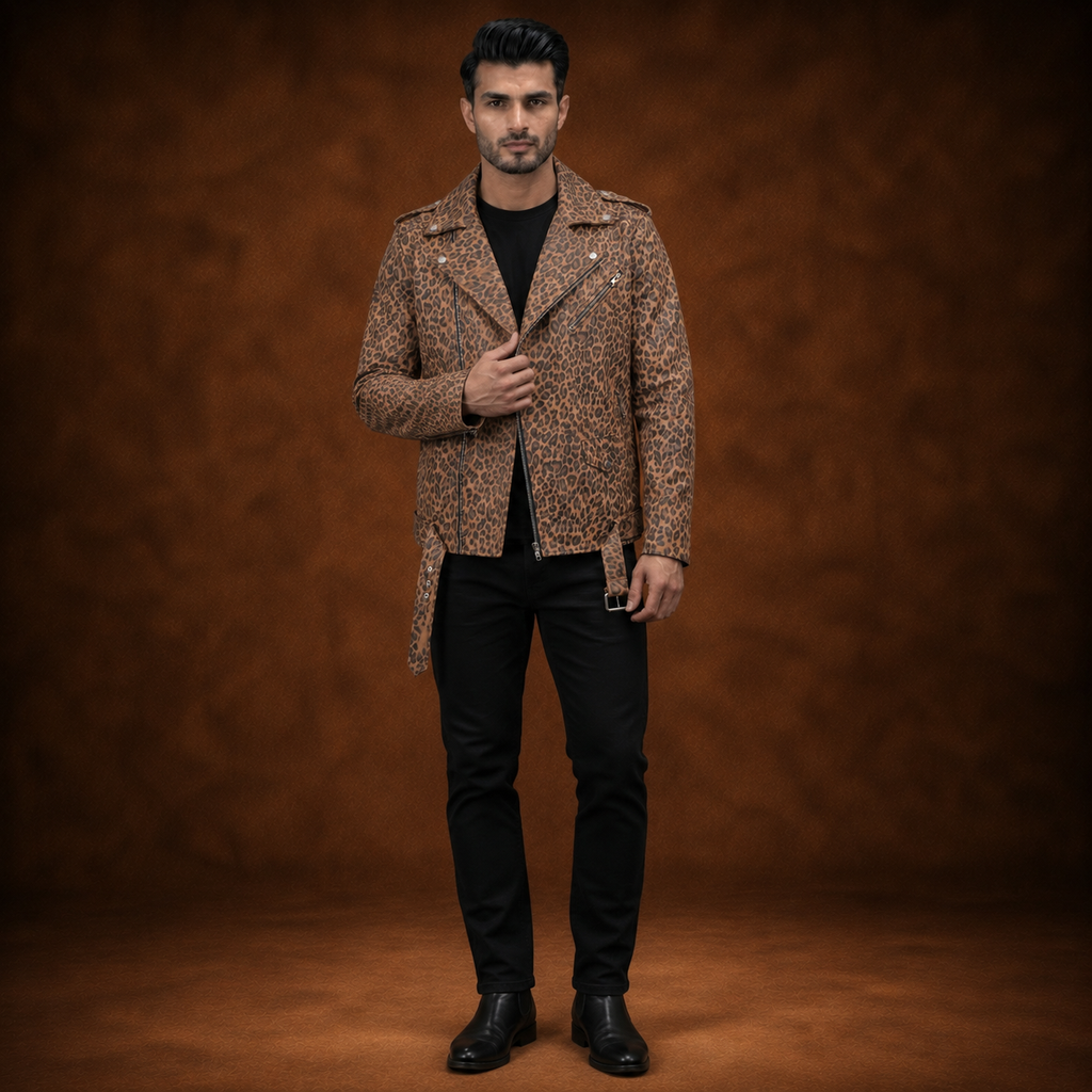 FINEHIDE  LEOPARD  BIKER GENUINE LEATHER JACKET FOR MEN