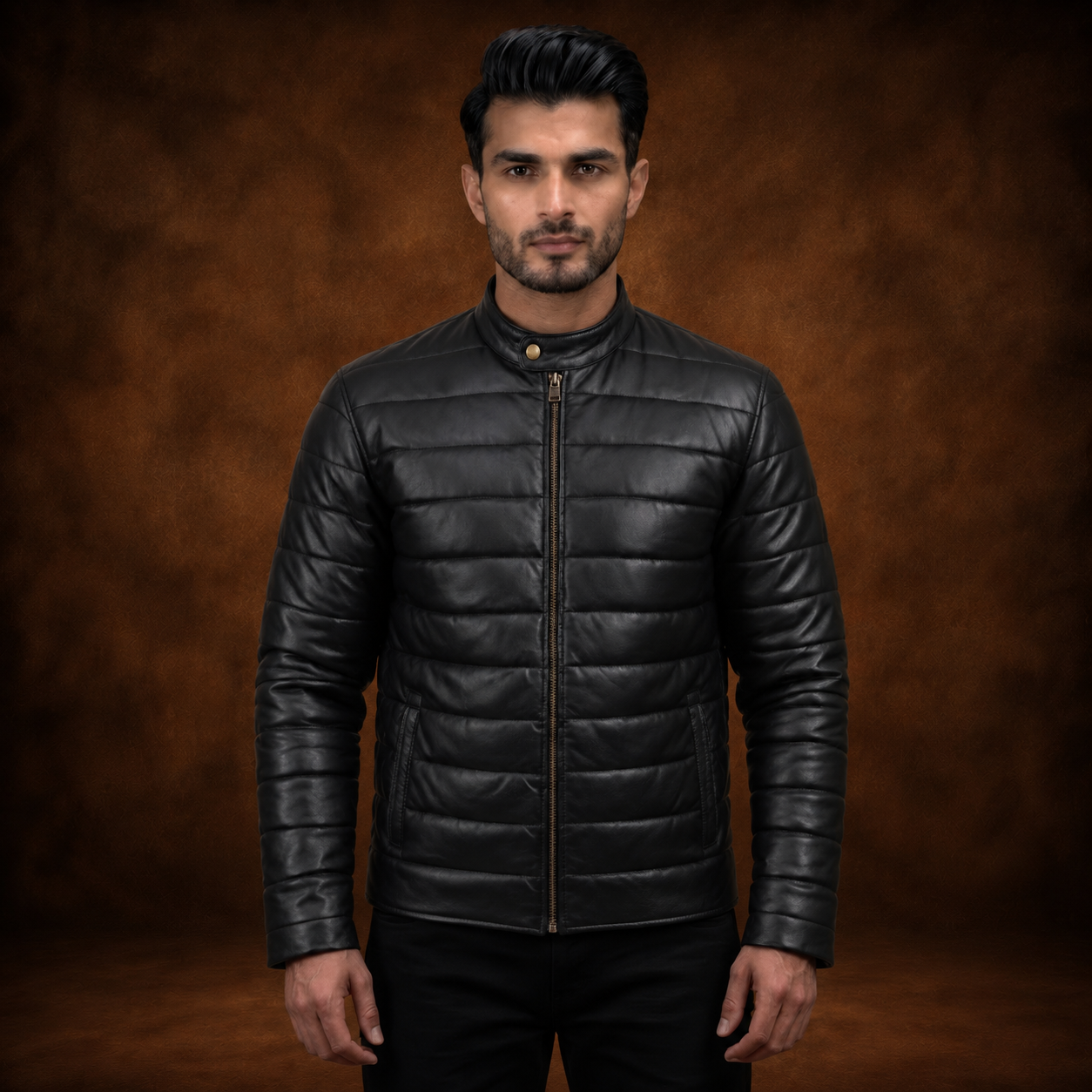 FINEHIDE MEN’S BLACK GENUINE LEATHER QUILTED BOMBER JACKET FOR  MEN