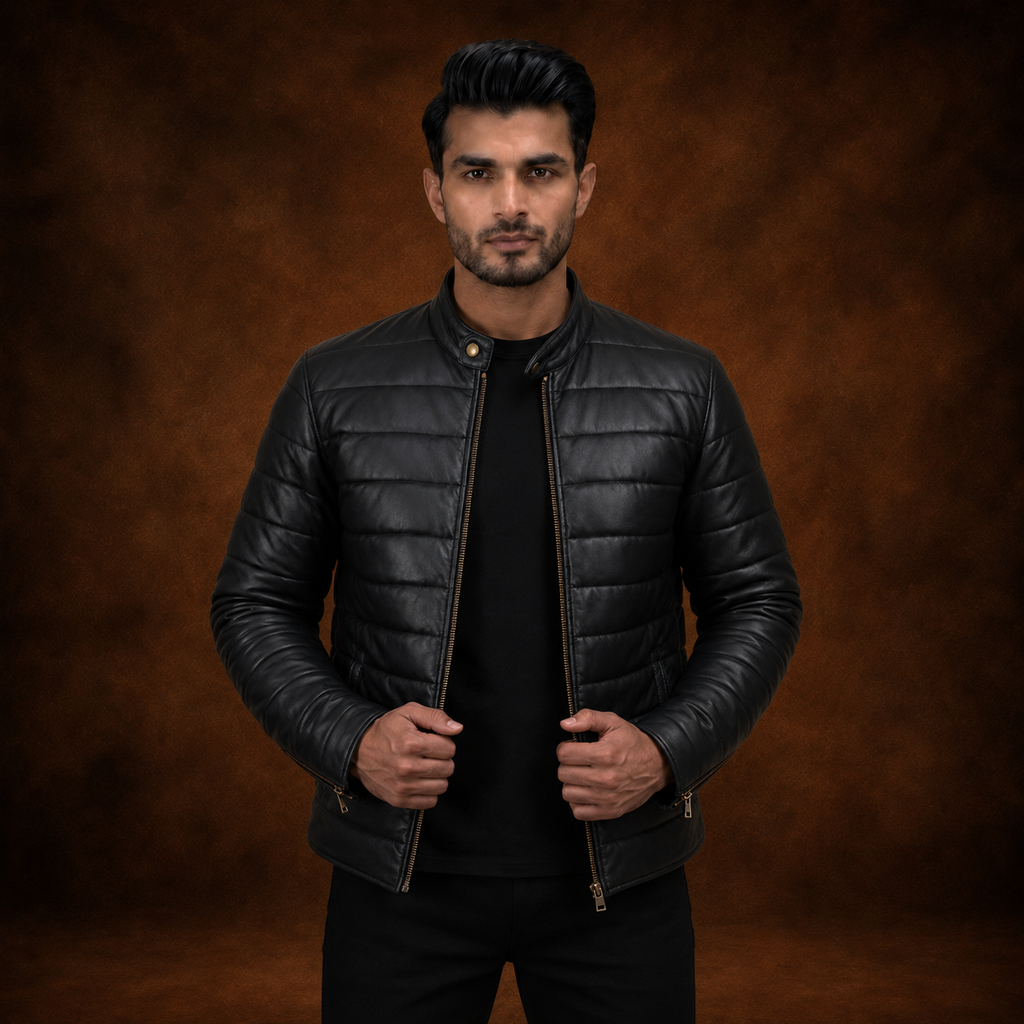 FINEHIDE MEN’S BLACK GENUINE LEATHER QUILTED BOMBER JACKET FOR  MEN