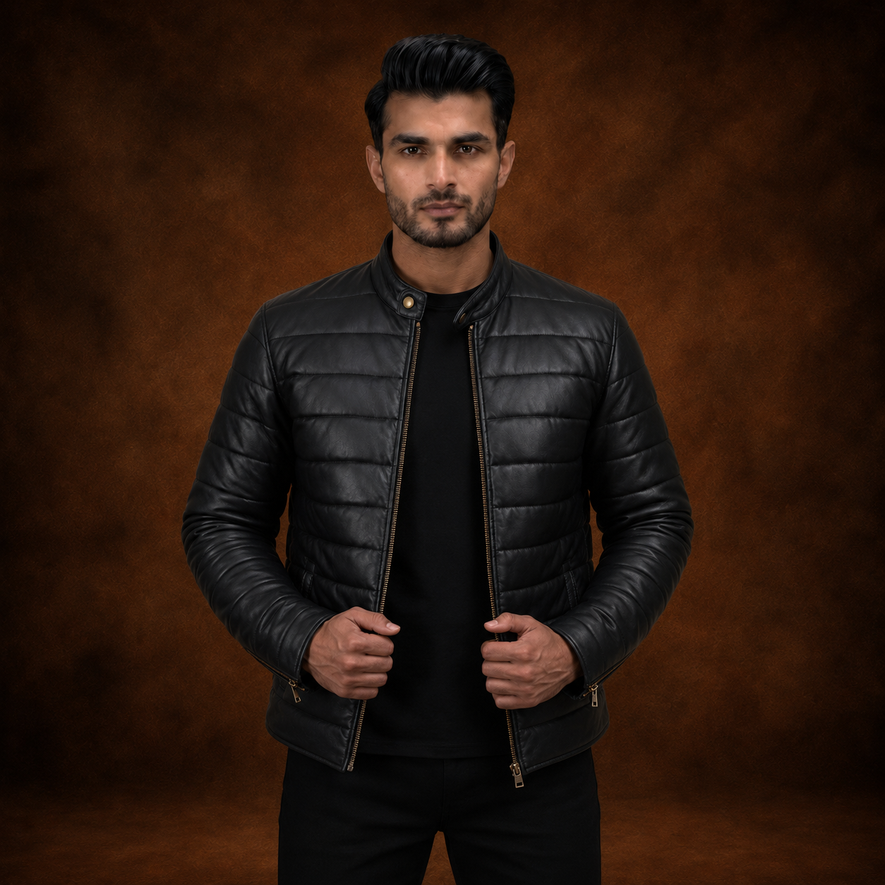 FINEHIDE MEN’S BLACK GENUINE LEATHER QUILTED BOMBER JACKET FOR  MEN