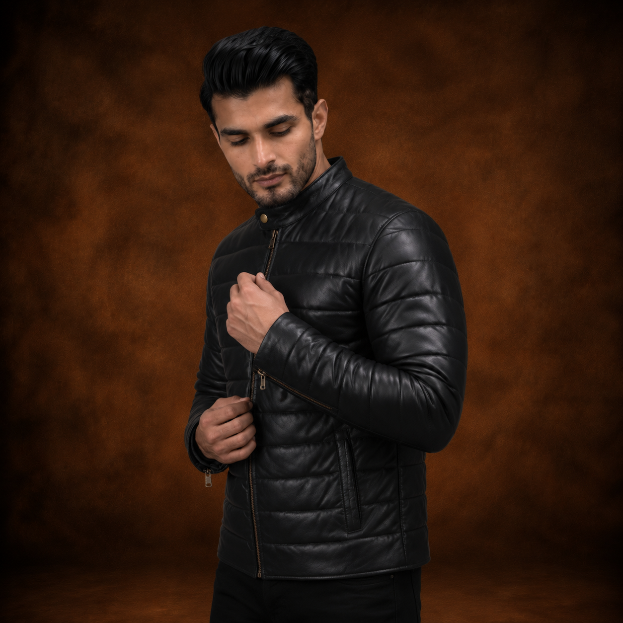 FINEHIDE MEN’S BLACK GENUINE LEATHER QUILTED BOMBER JACKET FOR  MEN