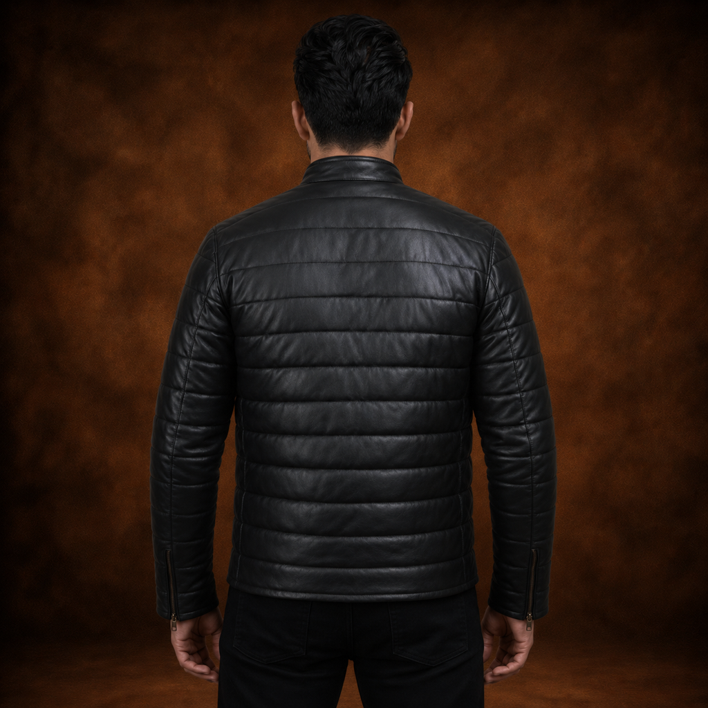 FINEHIDE MEN’S BLACK GENUINE LEATHER QUILTED BOMBER JACKET FOR  MEN