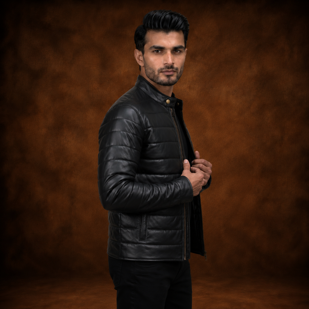 FINEHIDE MEN’S BLACK GENUINE LEATHER QUILTED BOMBER JACKET FOR  MEN