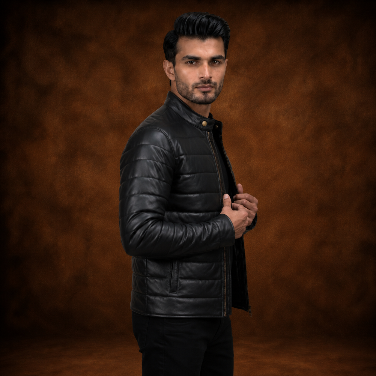 FINEHIDE MEN’S BLACK GENUINE LEATHER QUILTED BOMBER JACKET FOR  MEN