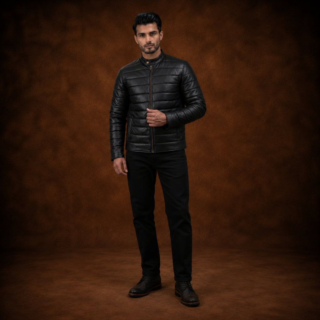 FINEHIDE MEN’S BLACK GENUINE LEATHER QUILTED BOMBER JACKET FOR  MEN
