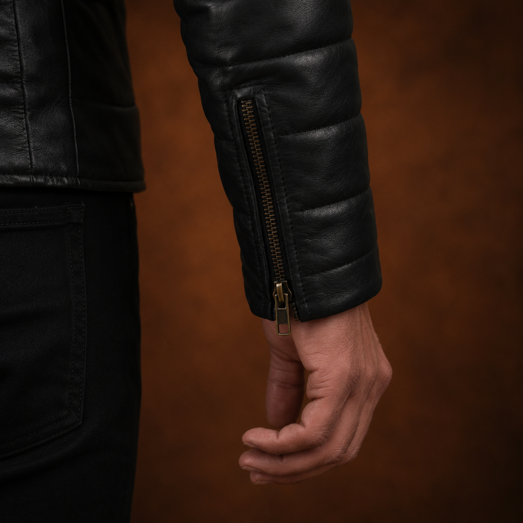 FINEHIDE MEN’S BLACK GENUINE LEATHER QUILTED BOMBER JACKET FOR  MEN
